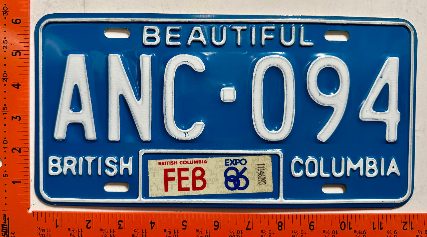 1986 British Columbia #ANC-094 Passenger License Plate