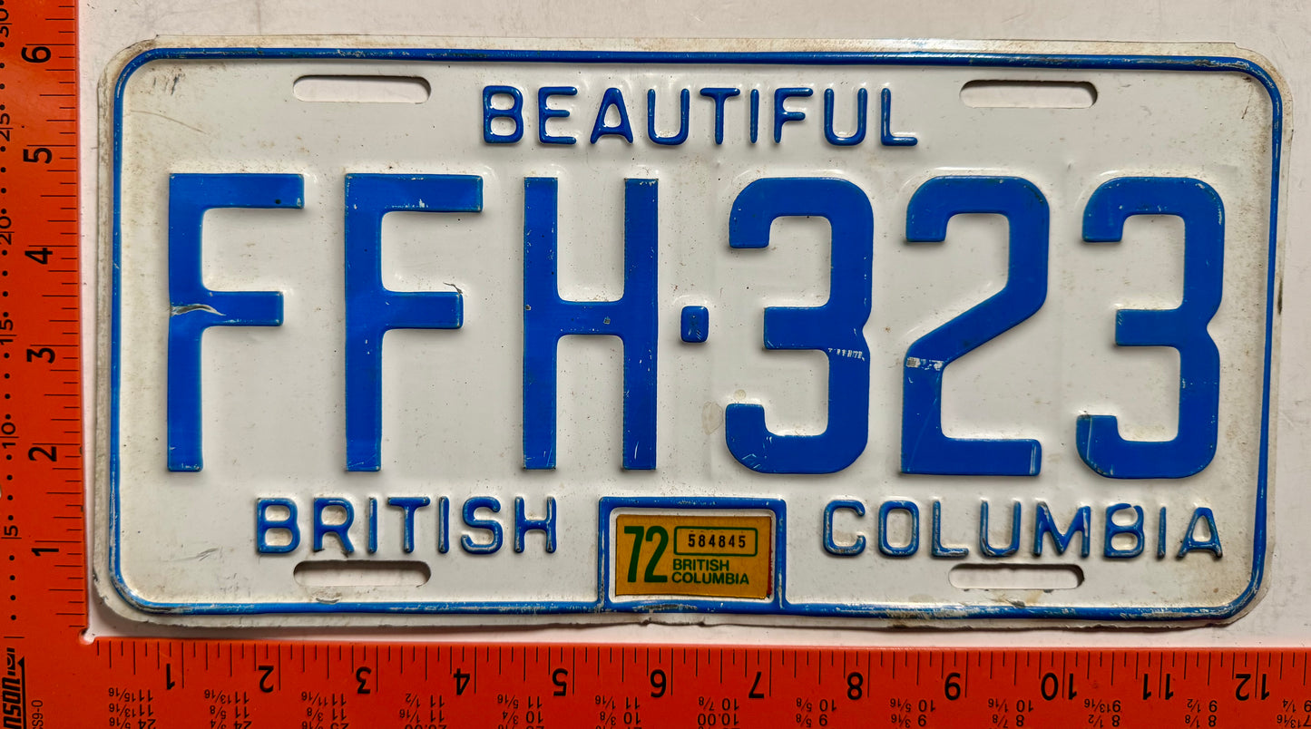 1972 British Columbia #FFH-323 Passenger License Plate