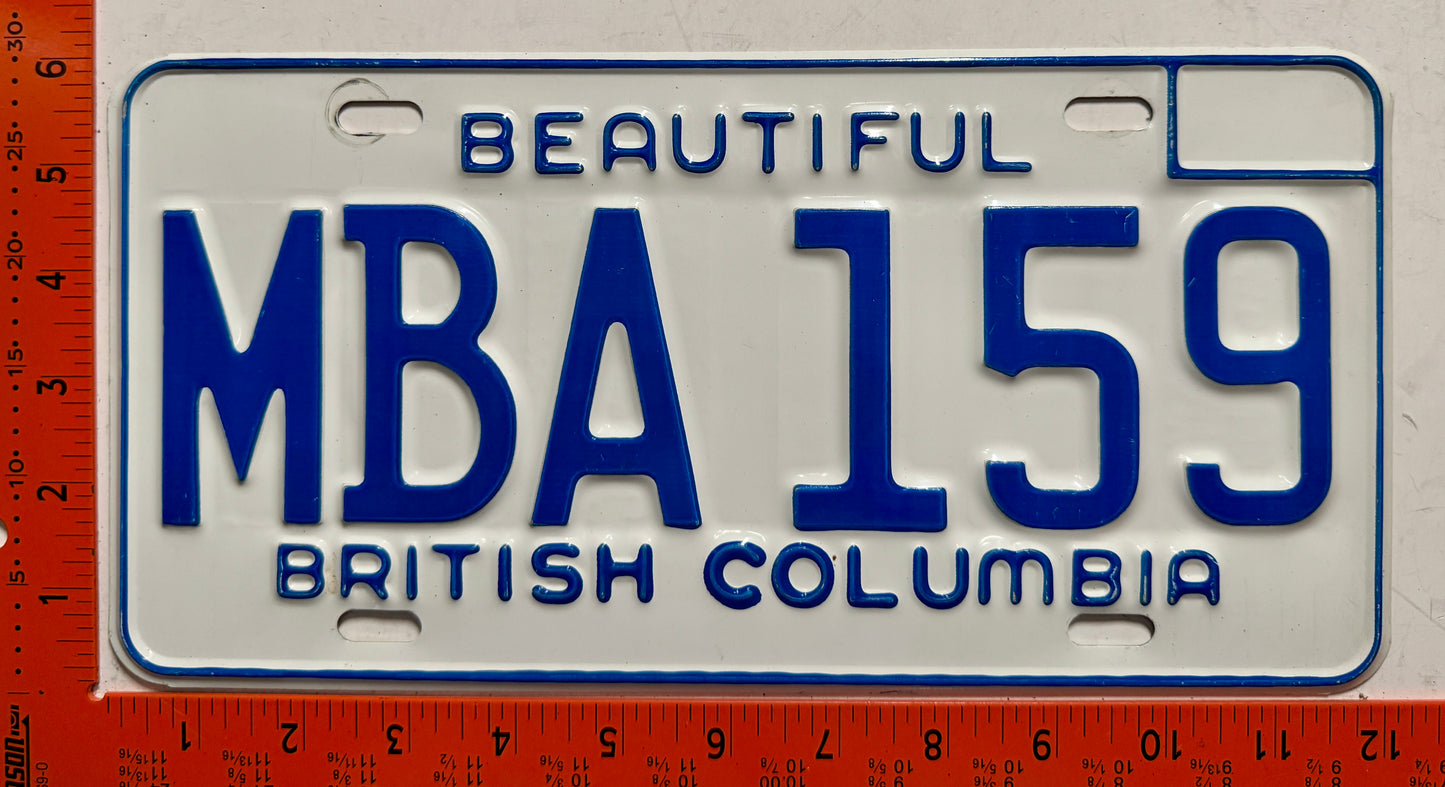 1973 base British Columbia #MBA 159 Passenger License Plate