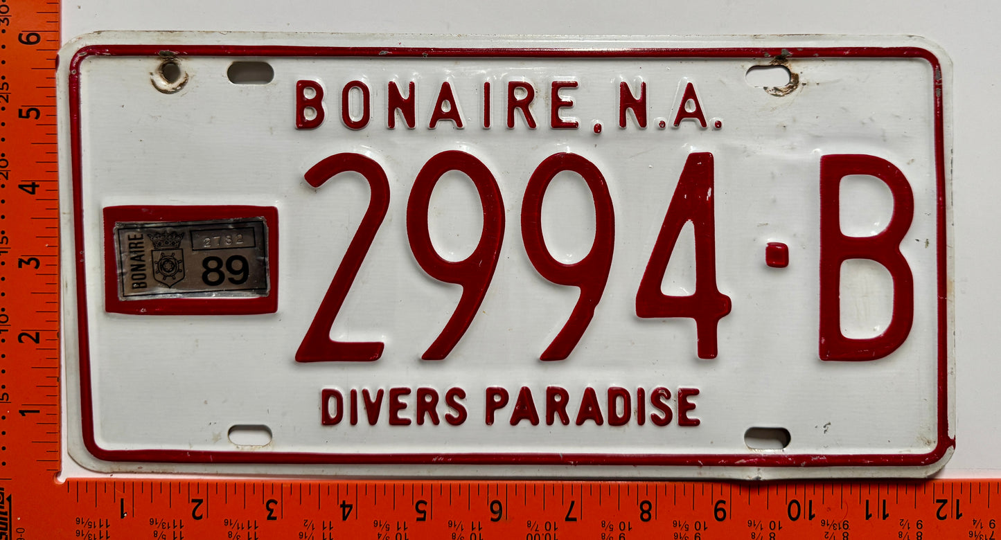 1989 Bonaire #2994-B Passenger License Plate