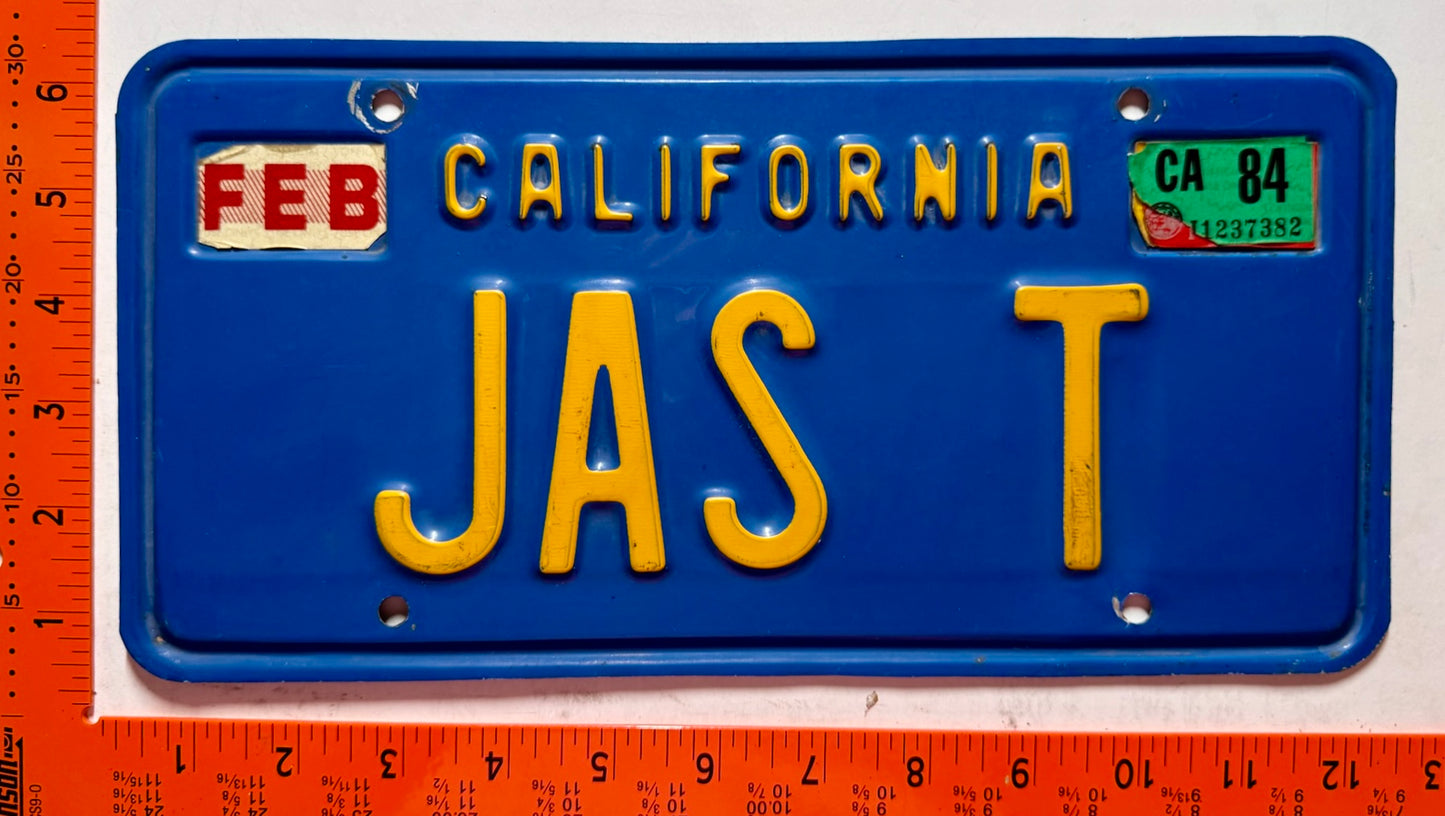 1984 California #JAS T Passenger Vanity License Plate