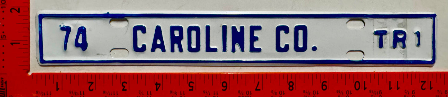 1974 Caroline County, Virginia #TR1 Trailer License Plate