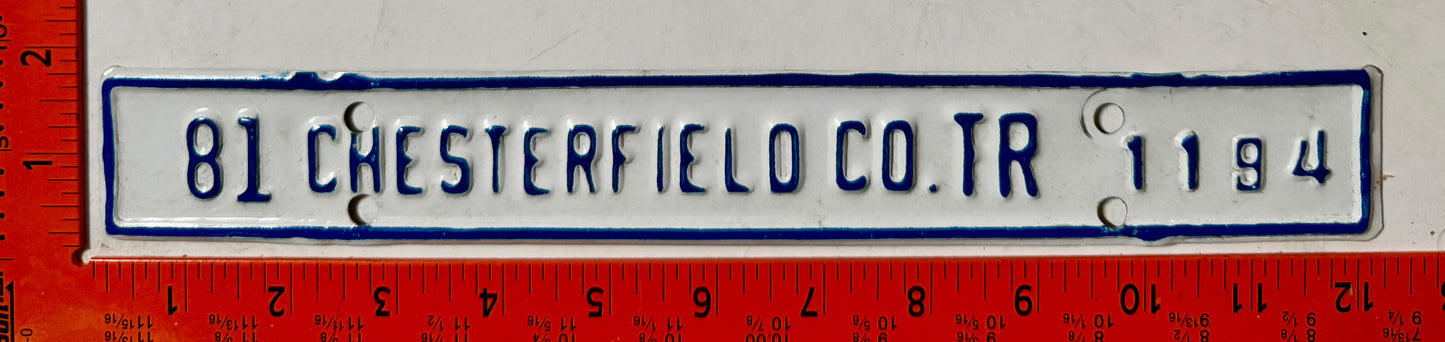 1981 Chesterfield County, Virginia #TR 1194 Trailer License Plate