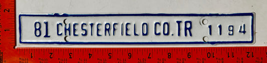 1981 Chesterfield County, Virginia #TR 1194 Trailer License Plate