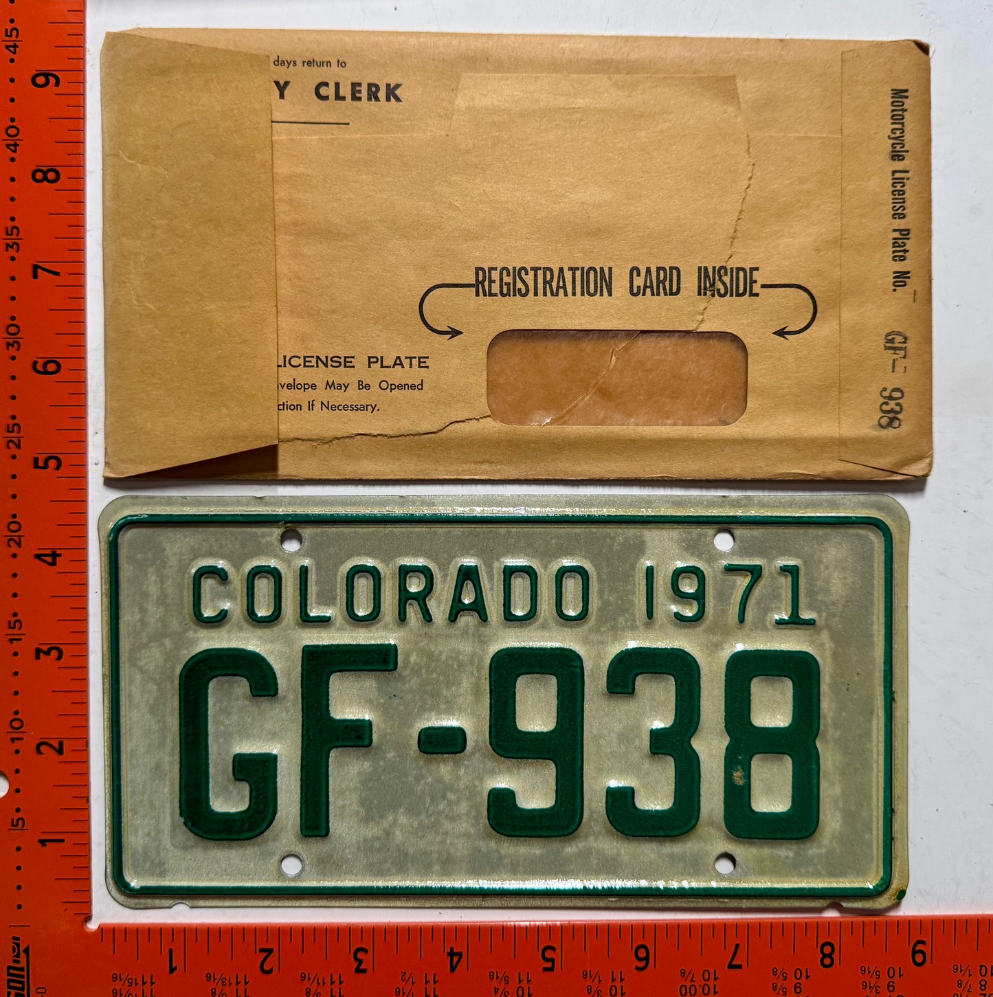 1971 Colorado #GF-938 Motorcycle License Plate