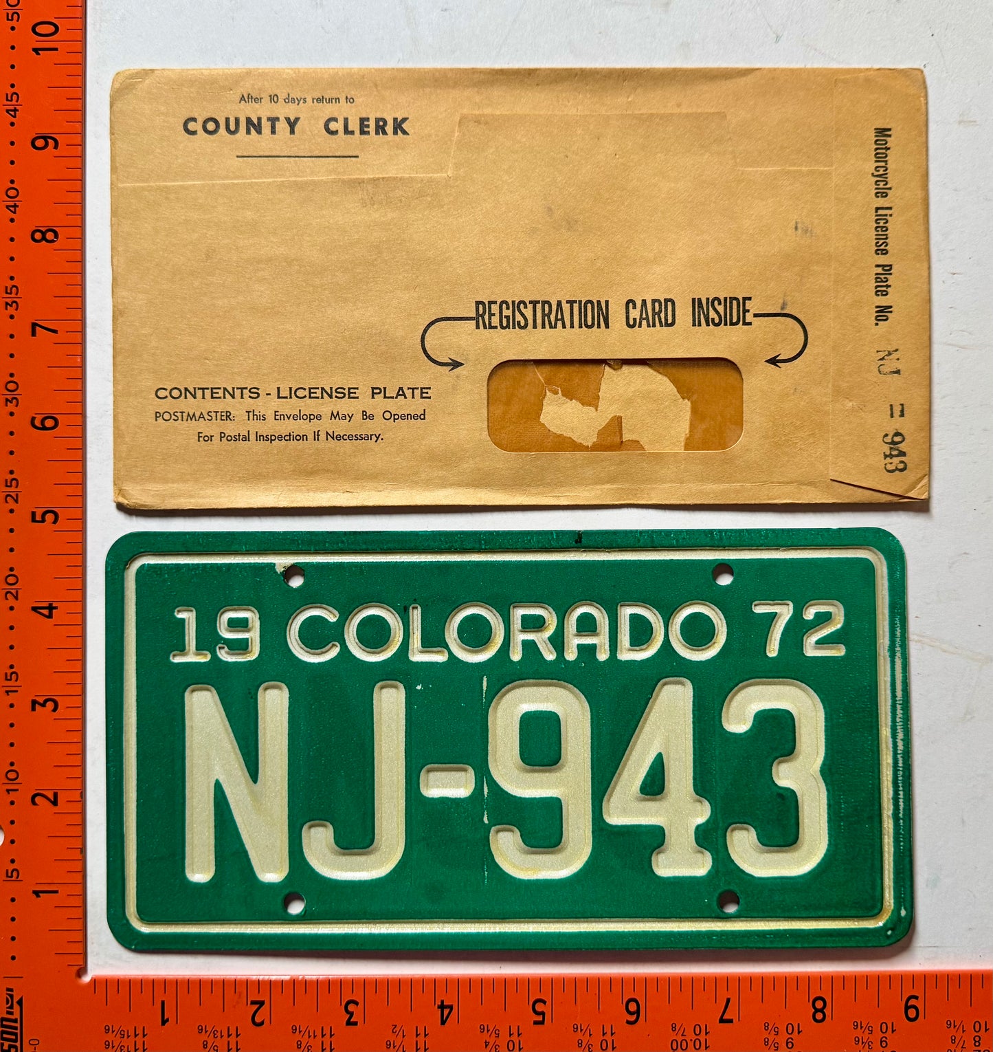 1972 Colorado #NJ-943 Motorcycle License Plate