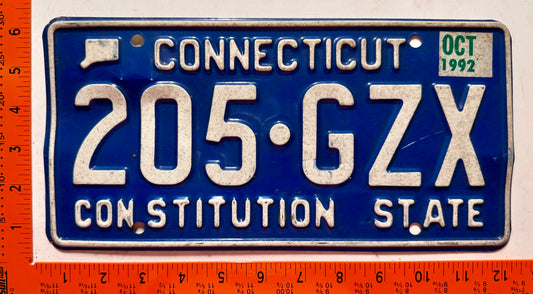 1992 Connecticut #205-GZX Passenger License Plate