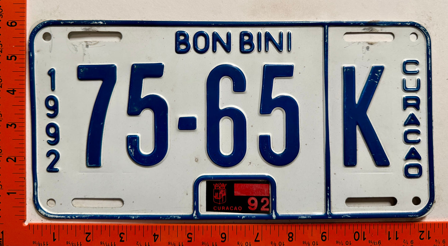 1992 Curacao #75-65 K Passenger License Plate