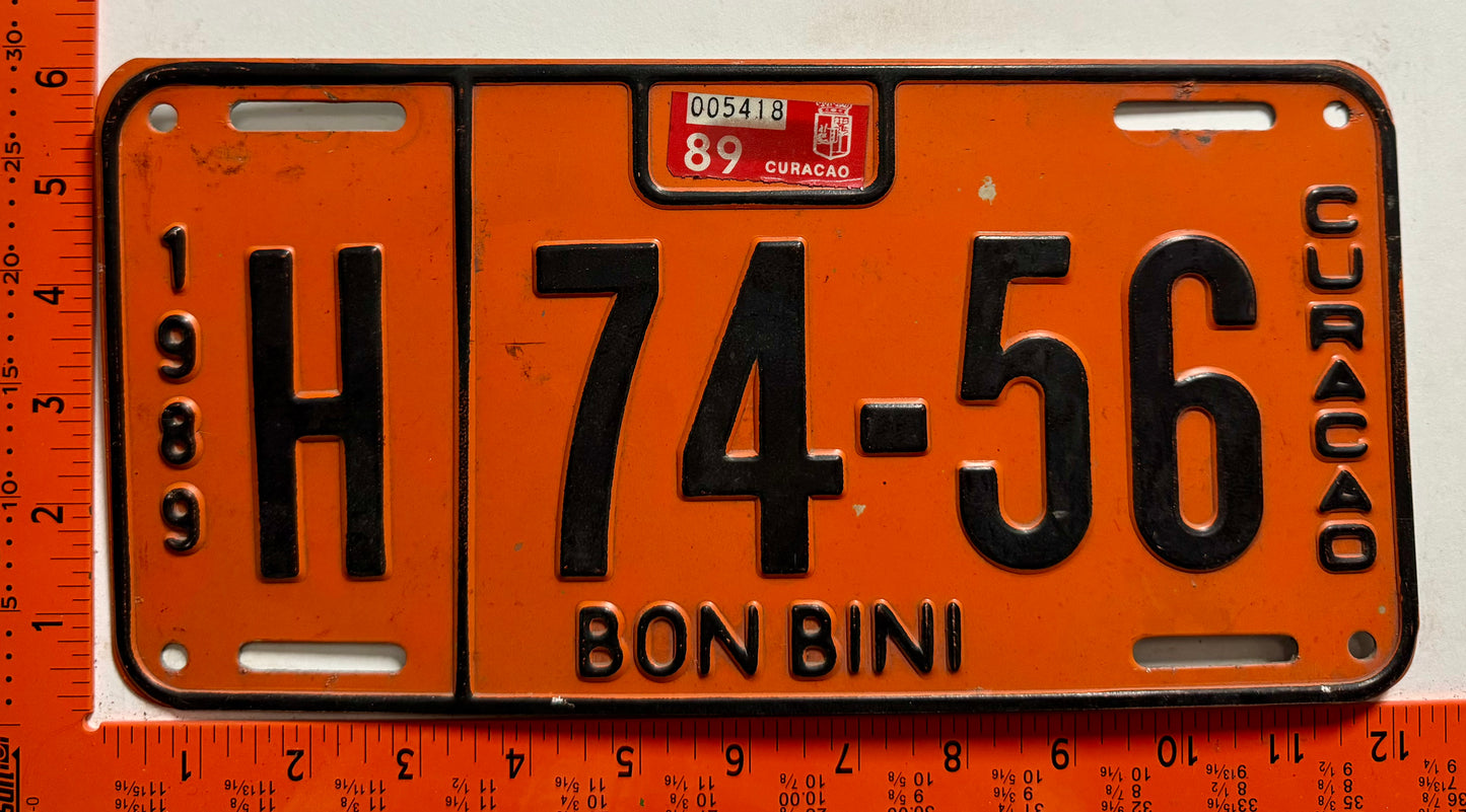 1989 Curacao #H 74-56 Passenger License Plate