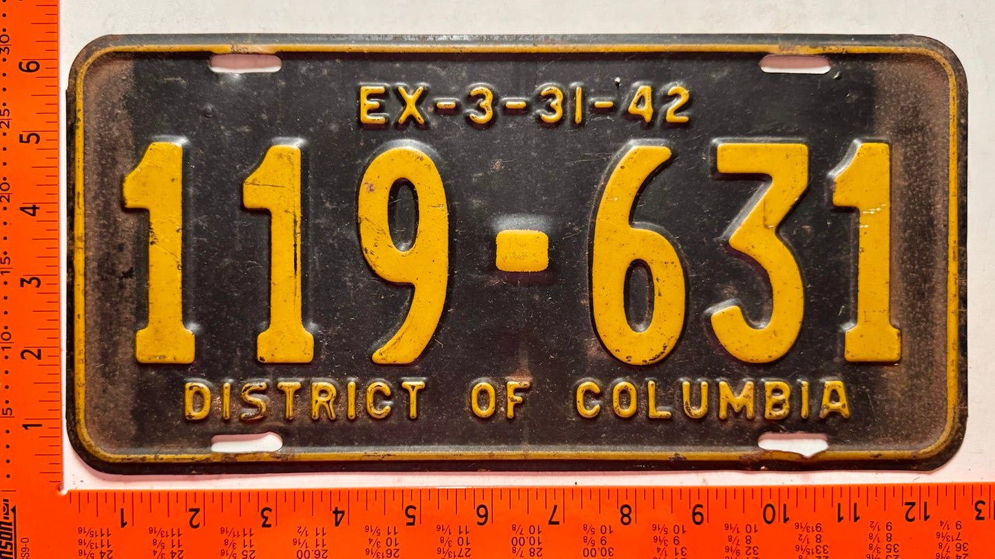 1942 Washington, DC #119-631 Passenger License Plate