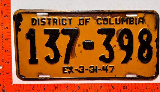 1947 Washington, DC #137-398 Passenger License Plate