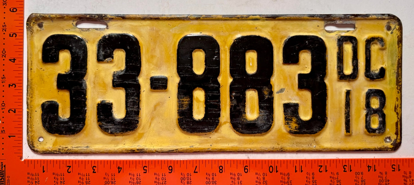 1918 Washington, DC #33-883 Passenger License Plate
