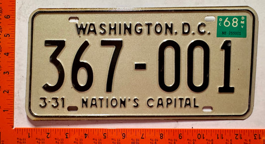 1968 Washington, DC #367-001 Passenger License Plate