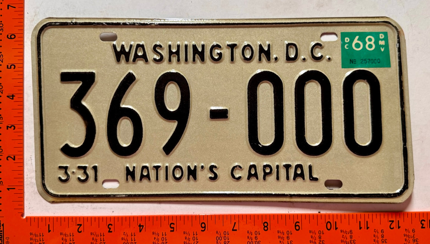 1968 Washington, DC #369-000 Passenger License Plate