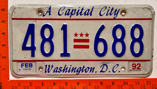 1992 Washington, DC #481 688 Passenger License Plate
