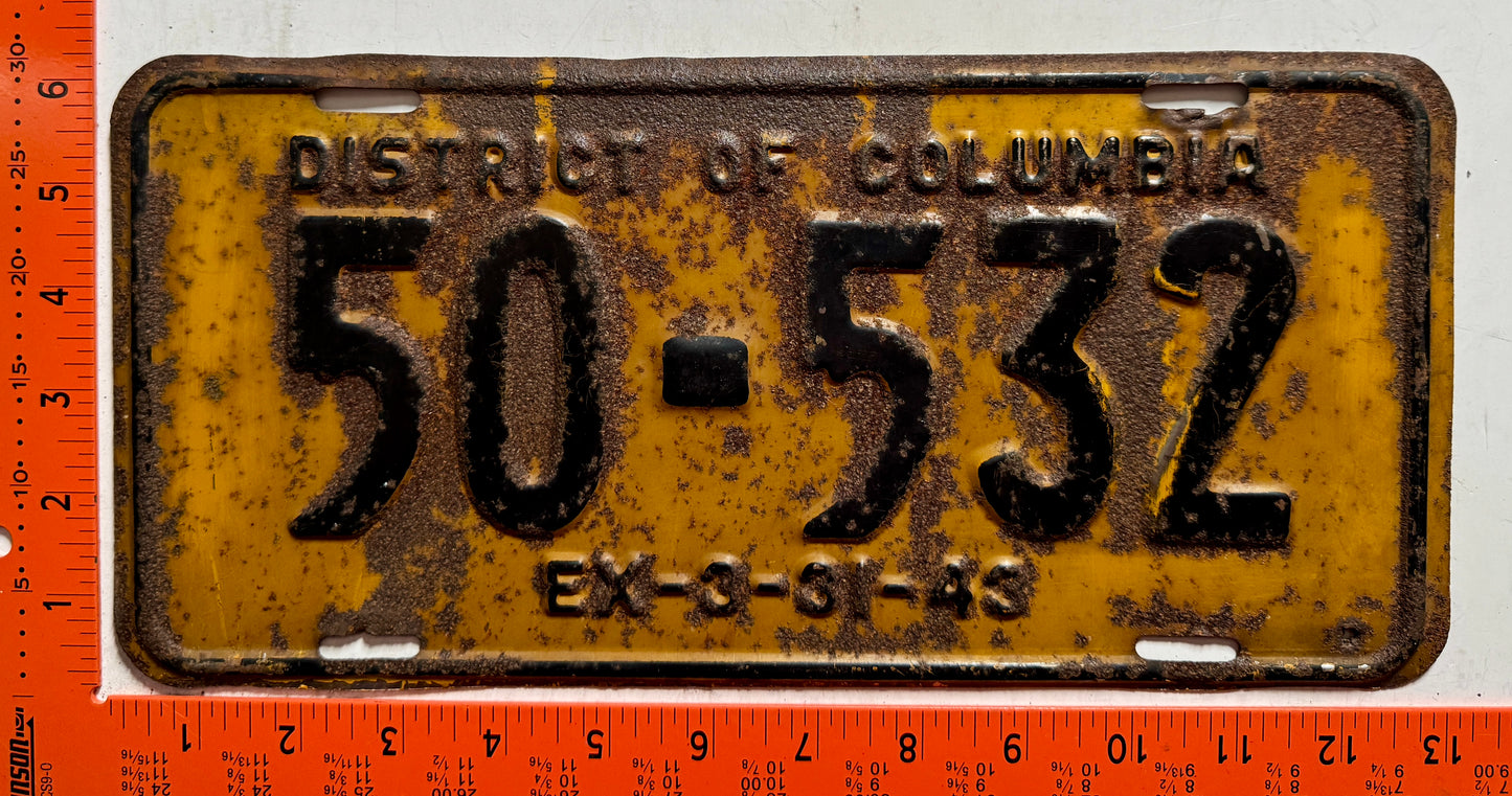 1943 Washington, DC #50-532 Passenger License Plate