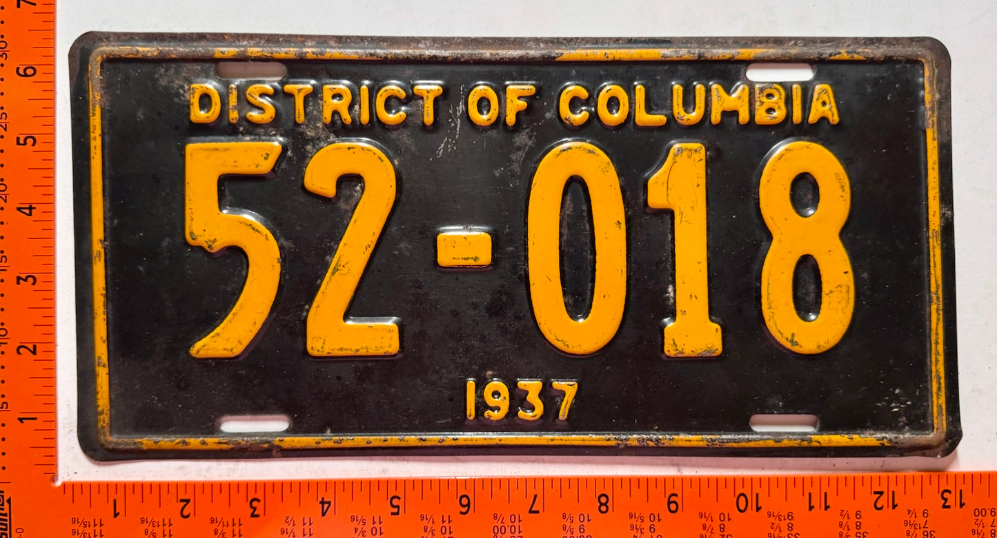 1937 Washington, DC #52-018 Passenger License Plate
