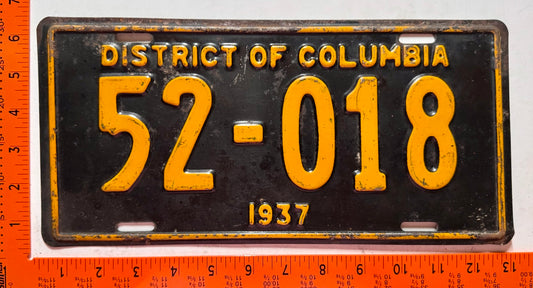 1937 Washington, DC #52-018 Passenger License Plate