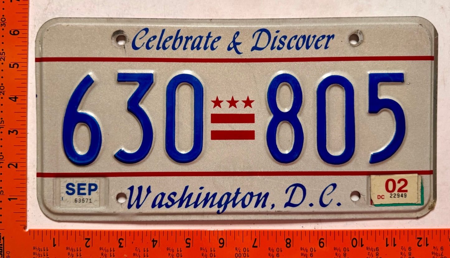 2002 Washington, DC #630 805 Passenger License Plate