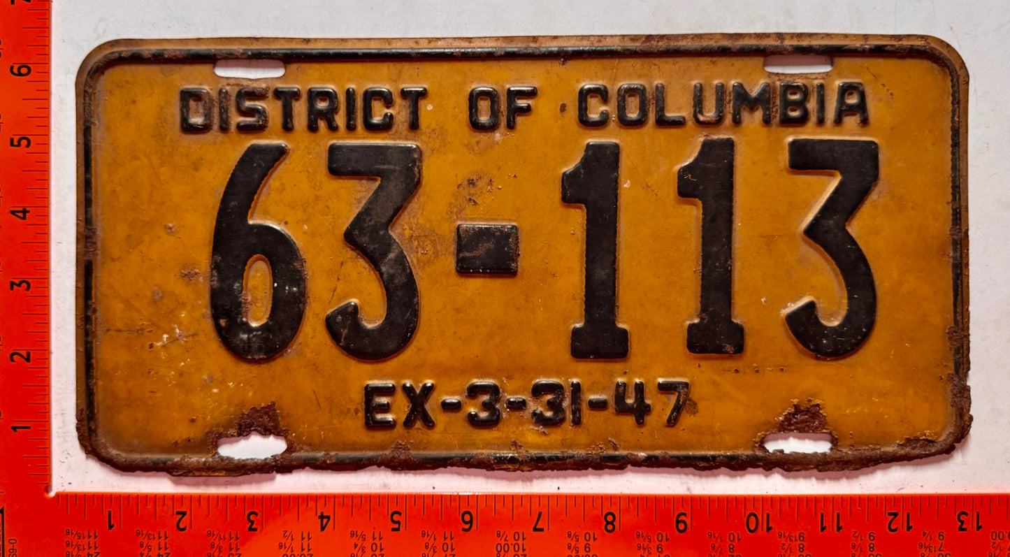 1947 Washington, DC #63-113 Passenger License Plate
