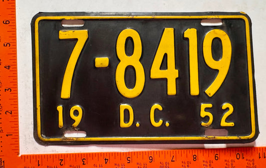 1952 Washington, DC #7-8419 Passenger License Plate