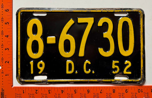 1952 Washington, DC #8-6730 Passenger License Plate
