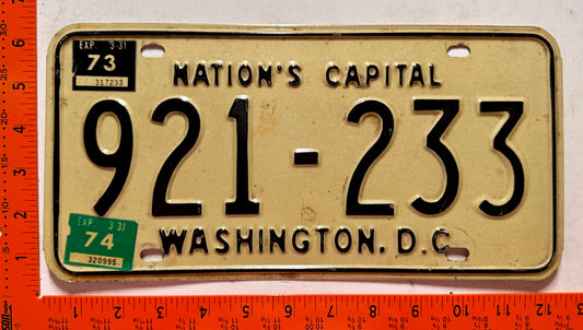 1973/1974 Washington, DC #921-233 Passenger License Plate