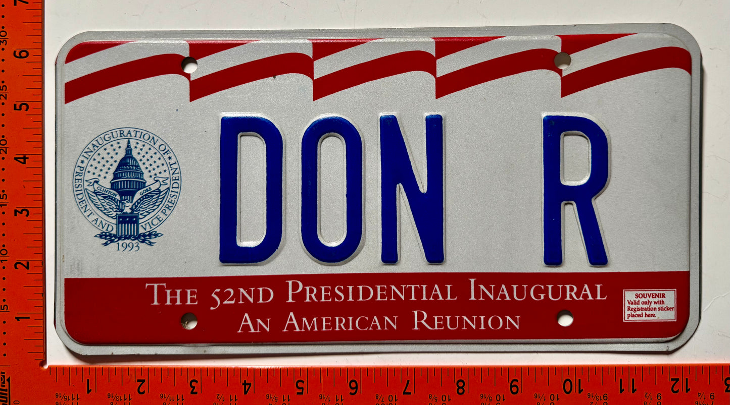 1993 Washington, DC #DON R Presidential Inaugural Vanity License Plate
