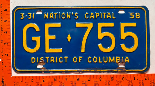 1958 Washington, DC #GE-755 Passenger License Plate