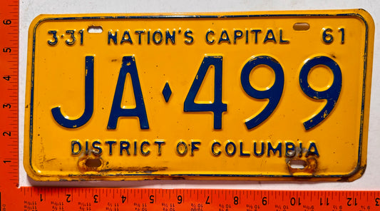 1961 Washington, DC #JA-499 Passenger License Plate