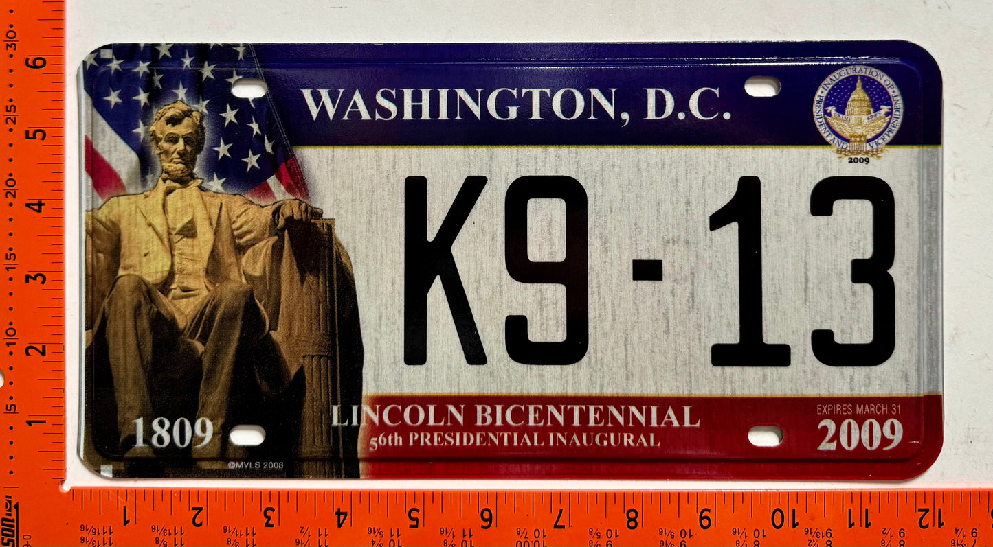 2009 Washington, DC #K9-13 Presidential Inaugural License Plate