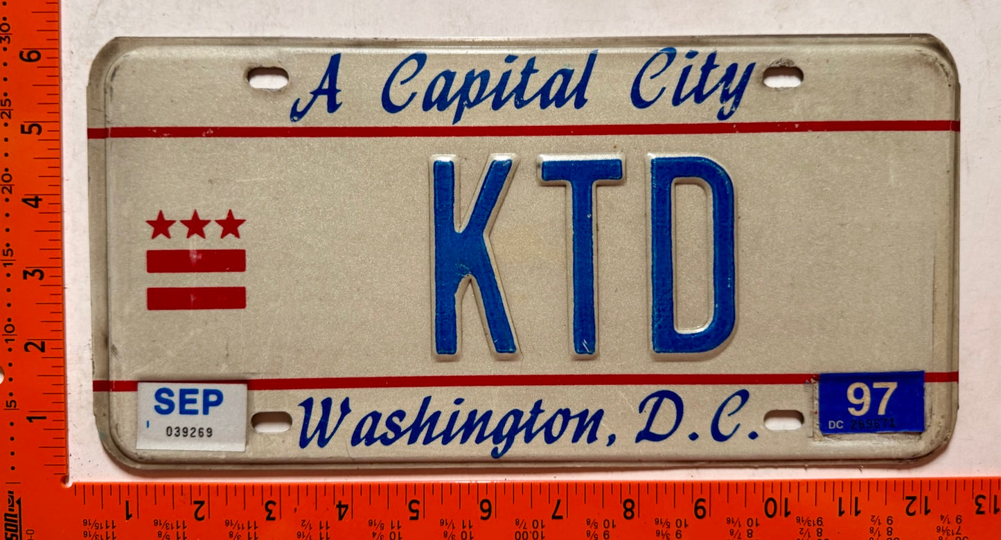 1997 Washington, DC #KTD Passenger Vanity License Plate