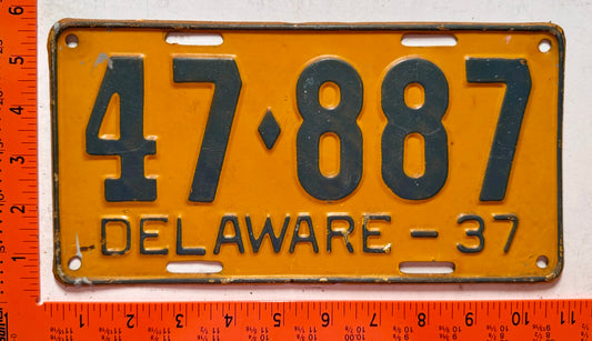 1937 Delaware #47-887 Passenger License Plate