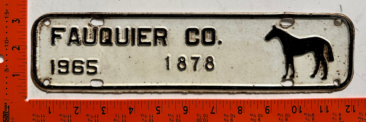 1965 Fauquier County Virginia #1878 Passenger License Plate