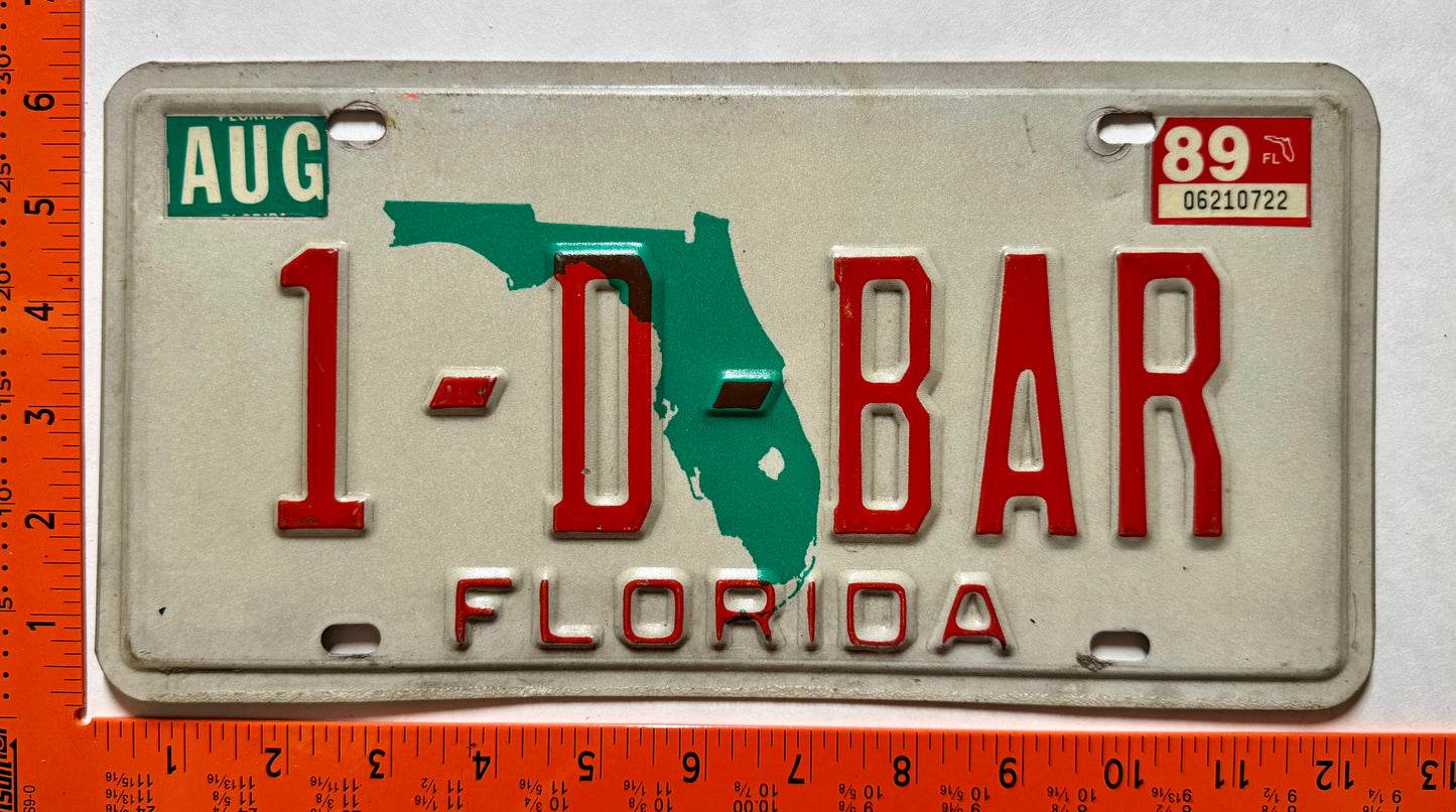 1989 Florida #1-D-BAR Passenger Vanity License Plate