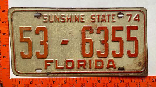 1974 Florida #53-6355 Passenger License Plate