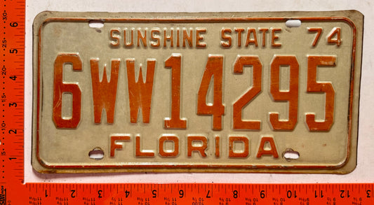 1974 Florida #6WW14295 Passenger License Plate