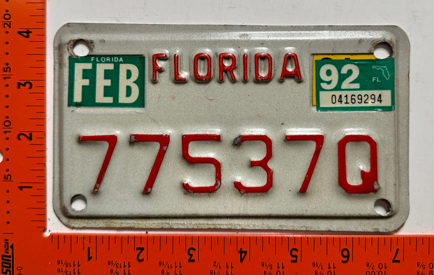 1992 Florida #77537Q Motorcycle License Plate