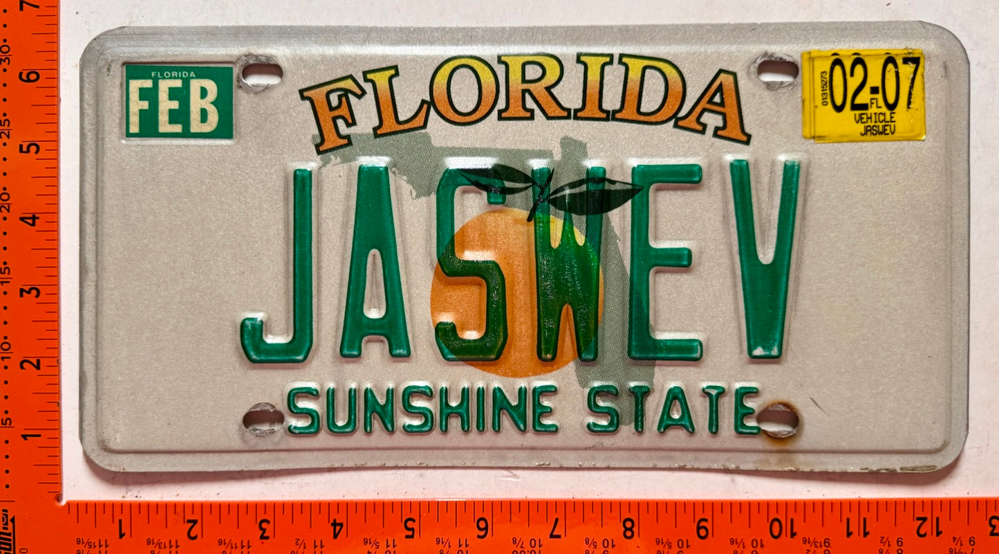 2007 Florida #JASWEV Passenger Vanity License Plate