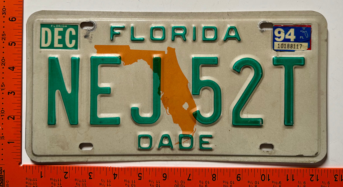 1994 Florida #NEJ 52T Passenger License Plate