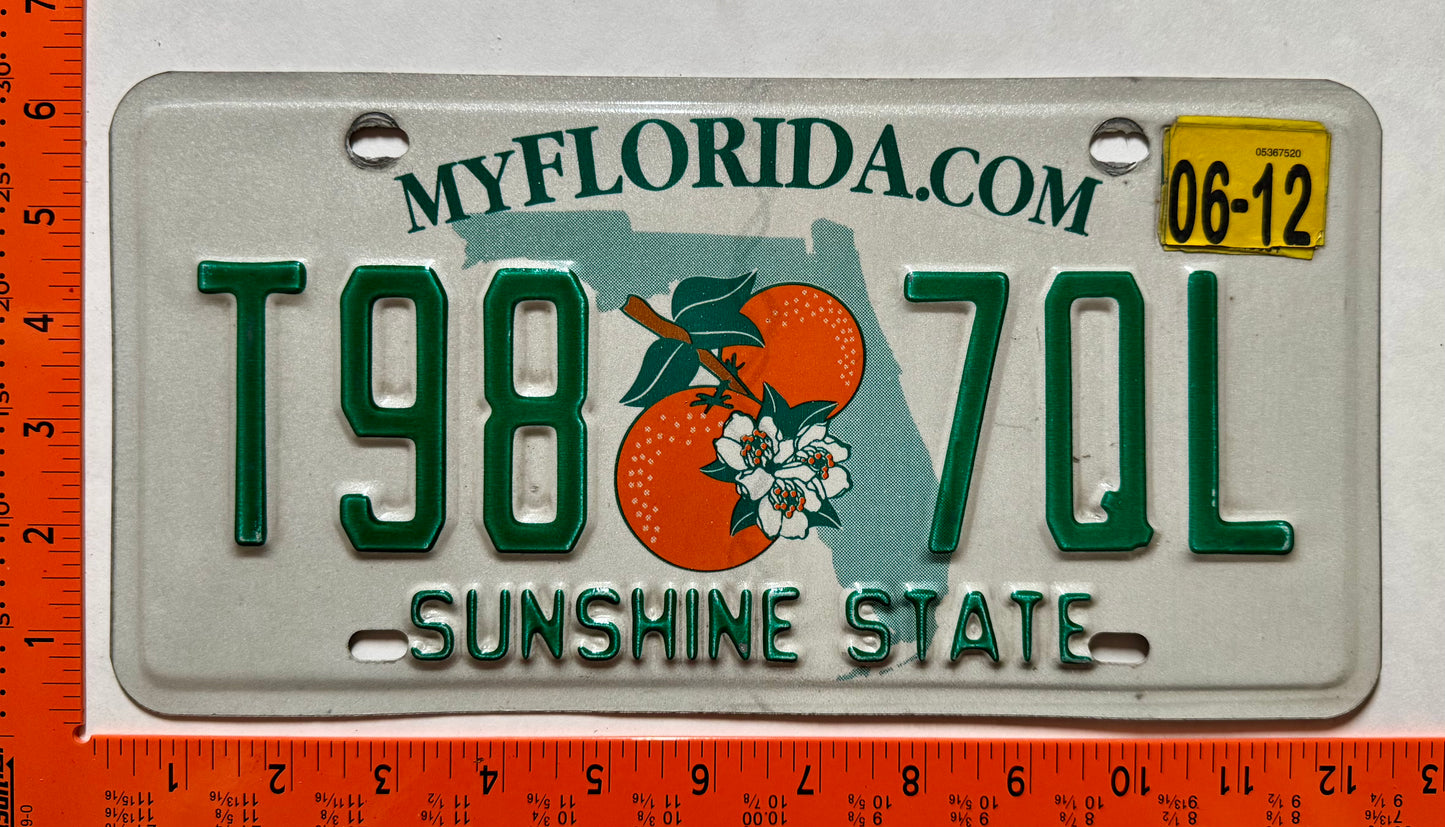 2012 Florida #T98 7QL Passenger License Plate