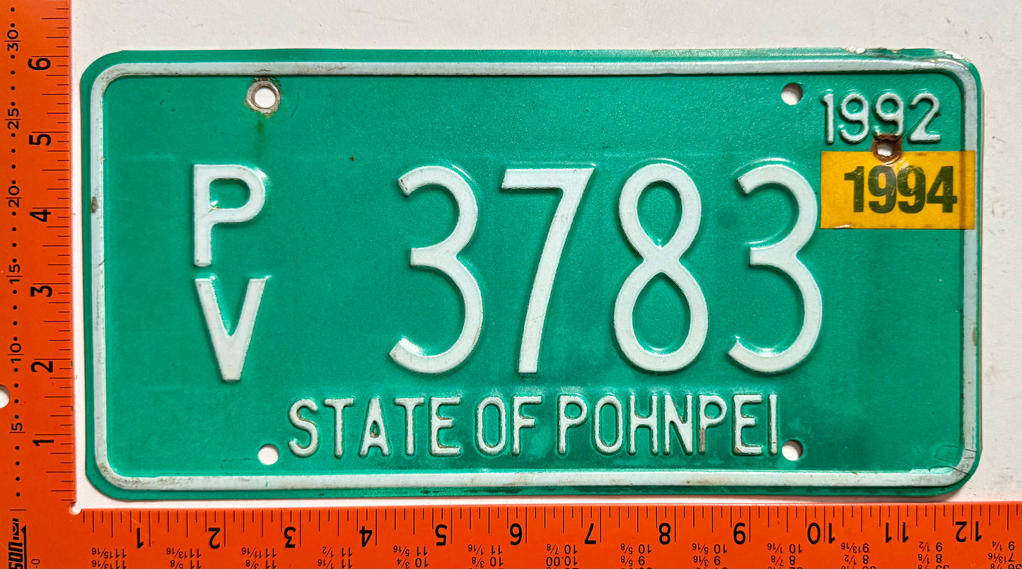 1994 Pohnpei, Micronesia #P/V 3783 Passenger License Plate
