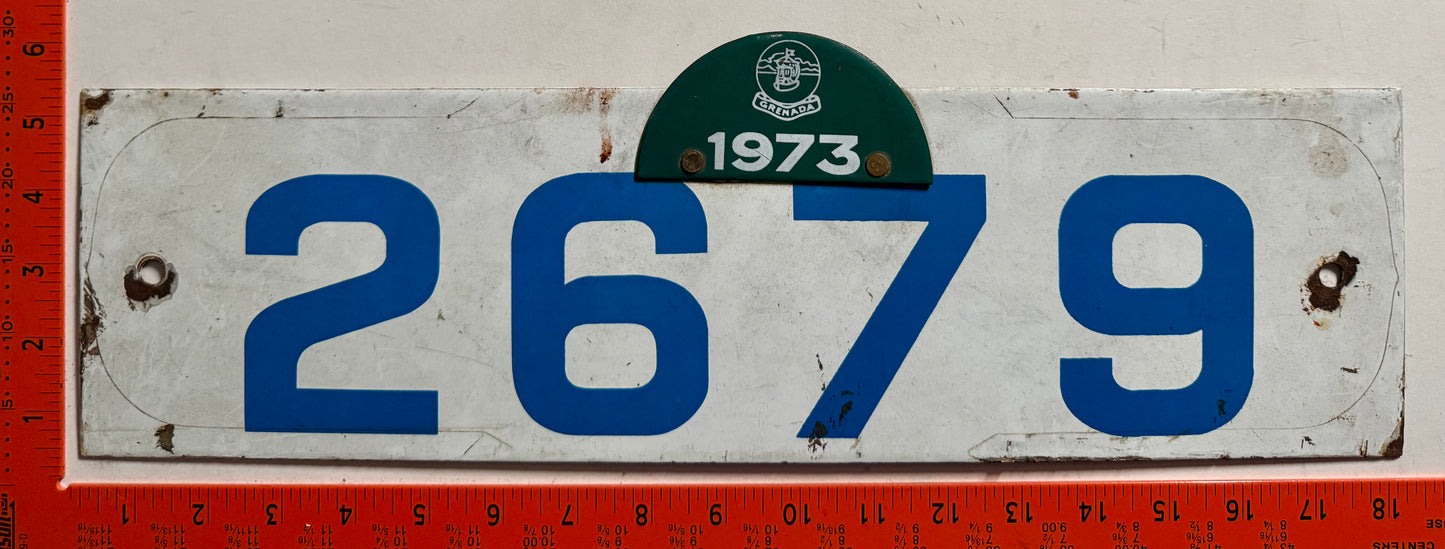 1973 Grenada #2679 Passenger License Plate (Porcelain)