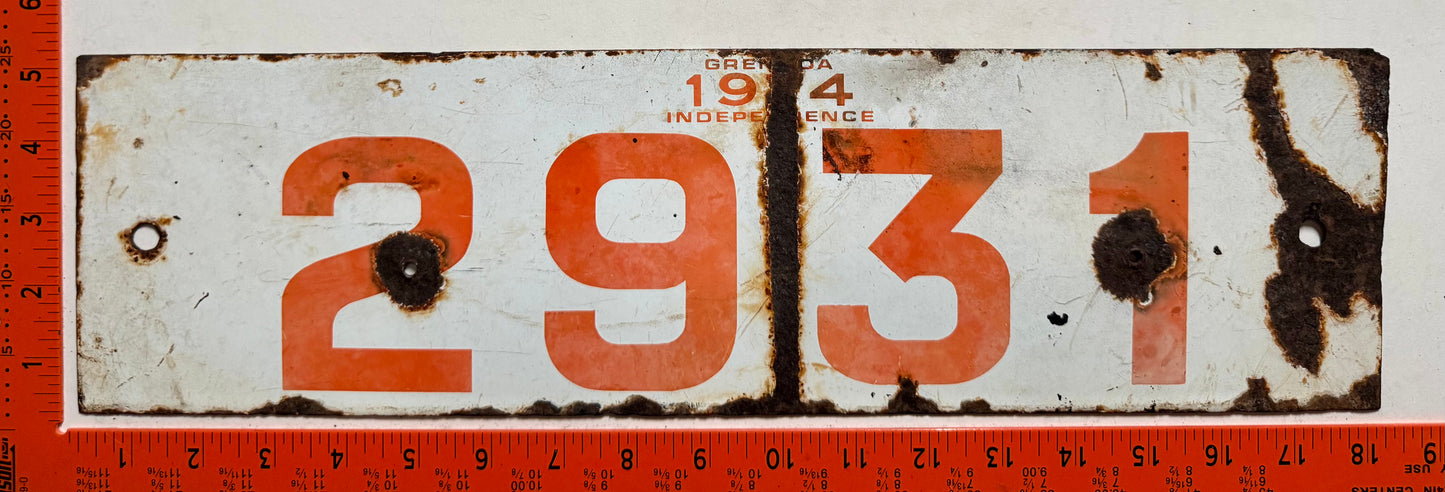 1974 Grenada #2931 Passenger License Plate (Porcelain)