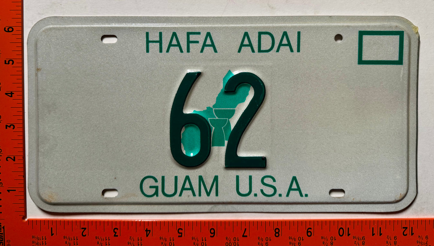 1988 base Guam #62 Passenger License Plate