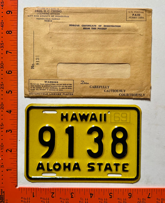 1969 Hawaii #9138 Motorcycle License Plate
