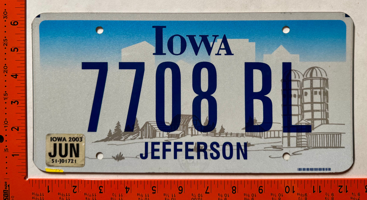 2003 Iowa #7708 BL Trailer License Plate
