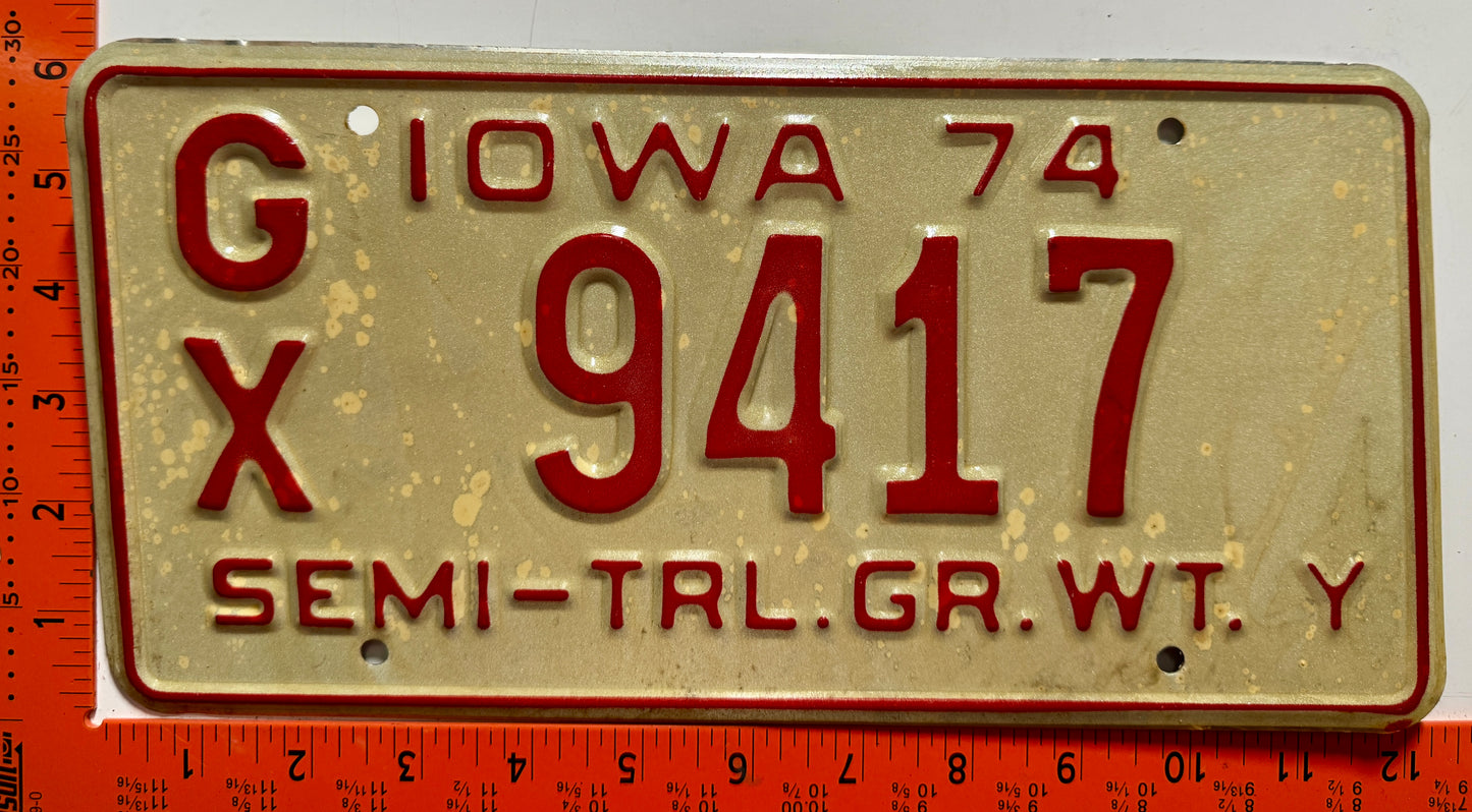 1974 Iowa #G/X 9417 Semi-Trailer License Plate