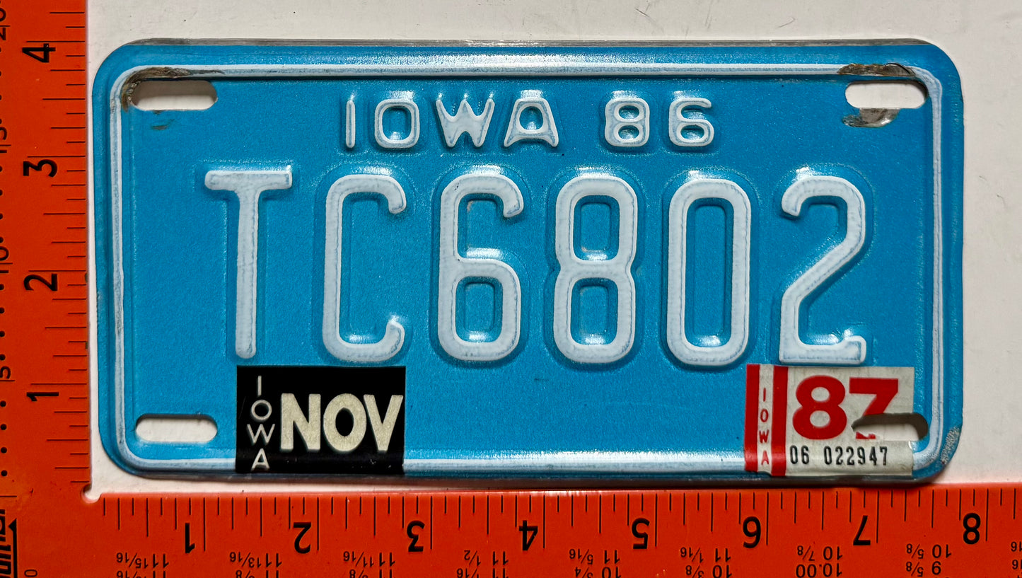 1987 Iowa #TC6802 Motorcycle License Plate