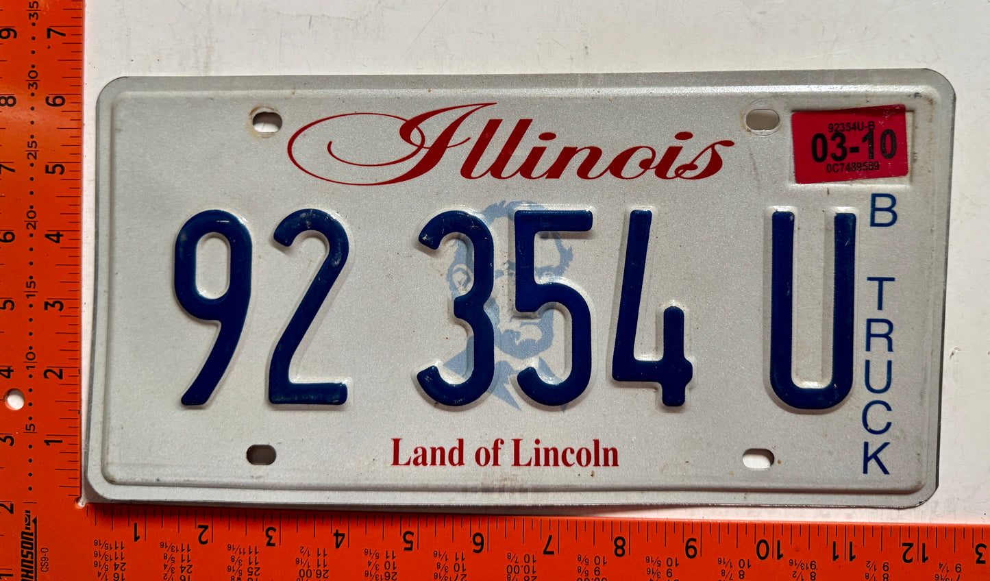 2010 Illinois #92 354 U Truck License Plate